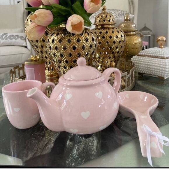 NWT Terramoto Heart Pink Heart Teapot and 1 cup and Spoon Rest - Picture 6 of 12